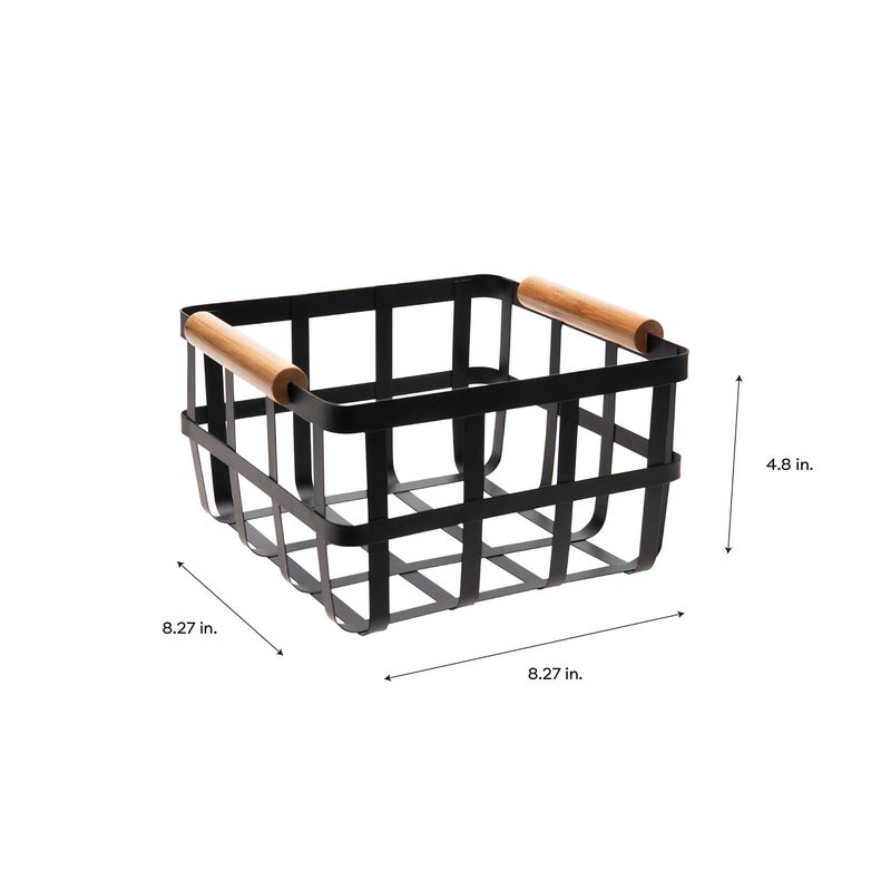 Simplify Square Metal Storage Basket with Bamboo Handles | Medium | Farmhouse Style Wire Basket | Home Organizer | Decorative | Rustic | Black - Image 5
